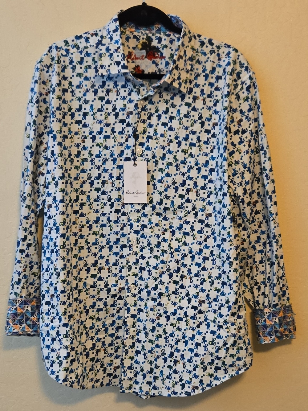 Robert Graham Blue, White & Green Geometric Print Button-Up Shirt